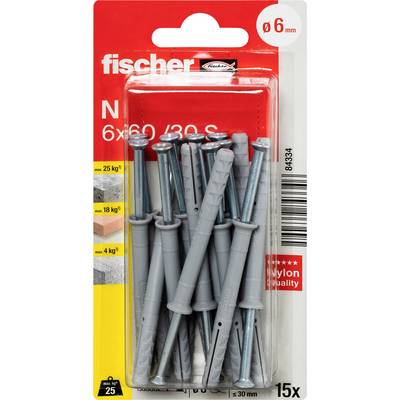 Opakowanie kołków nylonowych Fischer i wkrętów, rozmiar 6 mm x 60 mm, zestaw 15-częściowy do montażu na ścianę.