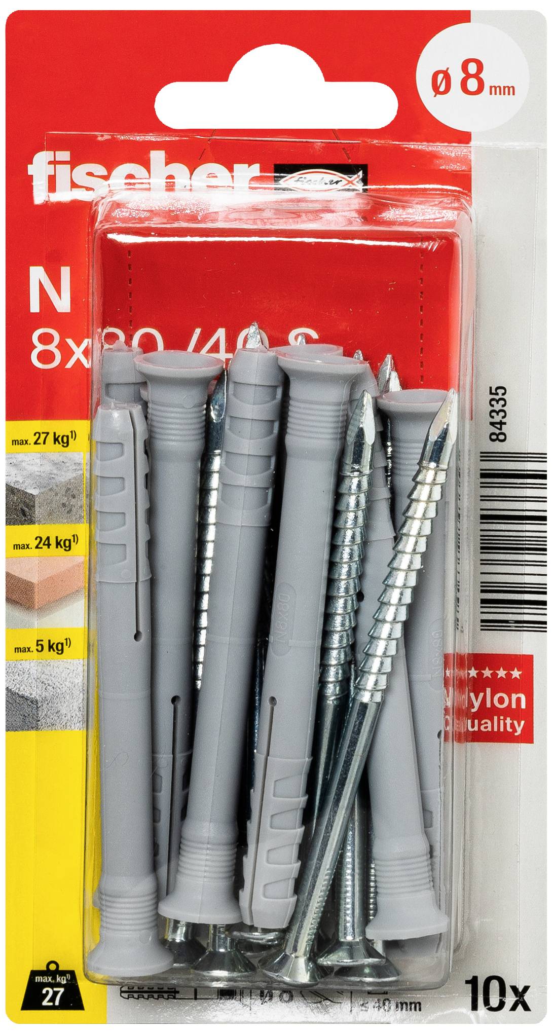 Opakowanie zawierające dziesięć szarych kołków o rozmiarze 8x80 wraz z odpowiednimi wkrętami, przeznaczone do mocowań o wadze do 27 kg w betonie.