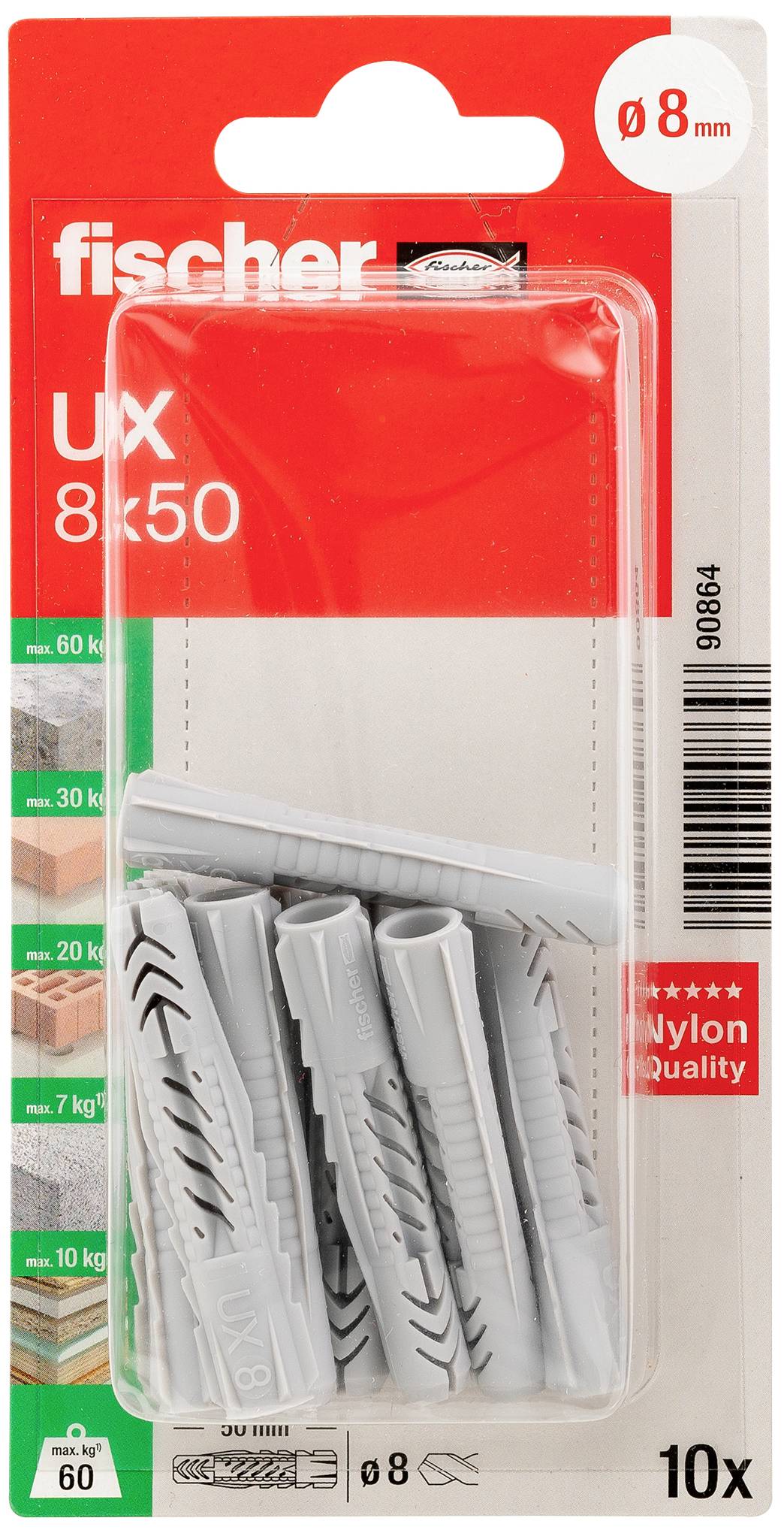 Opakowanie z szarymi kołkami rozporowymi Fischer UX, rozmiar 8x50 mm, do wiertła 8 mm. Zawiera 10 sztuk. Opakowanie podkreśla wysoką jakość nylonu.