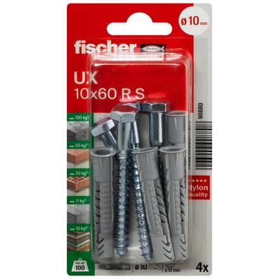 Opakowanie kołków uniwersalnych Fischer UX 10x60 RS i śrub, 4 sztuki, do otworów 10 mm.