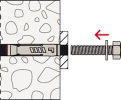 Diagram kotwy i śruby zamontowanej w betonie. Strzałka wskazuje kierunek obrotu śruby.