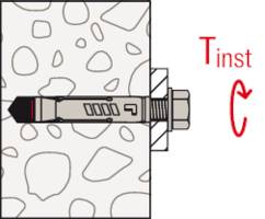 Śruba leży w kotwicy ściennej. Obok po prawej stronie czerwona strzałka w kształcie koła z napisem 'Tinst'.