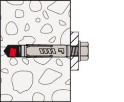 Metalowa konstrukcja kołka jest zakotwiona w ścianie betonowej. Przedstawiony jest przekrój z śrubą mocującą i strukturą ściany.