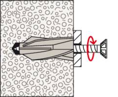 'Prezentacja kołka rozporowego wkładanego w ścianę. Kołek rozszerza się podczas wkręcania śruby.'