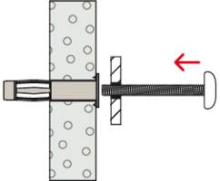 Ilustracja mechanizmu kołka w ścianie. Obracająca się strzałka wskazuje kierunek wkręcania śruby.