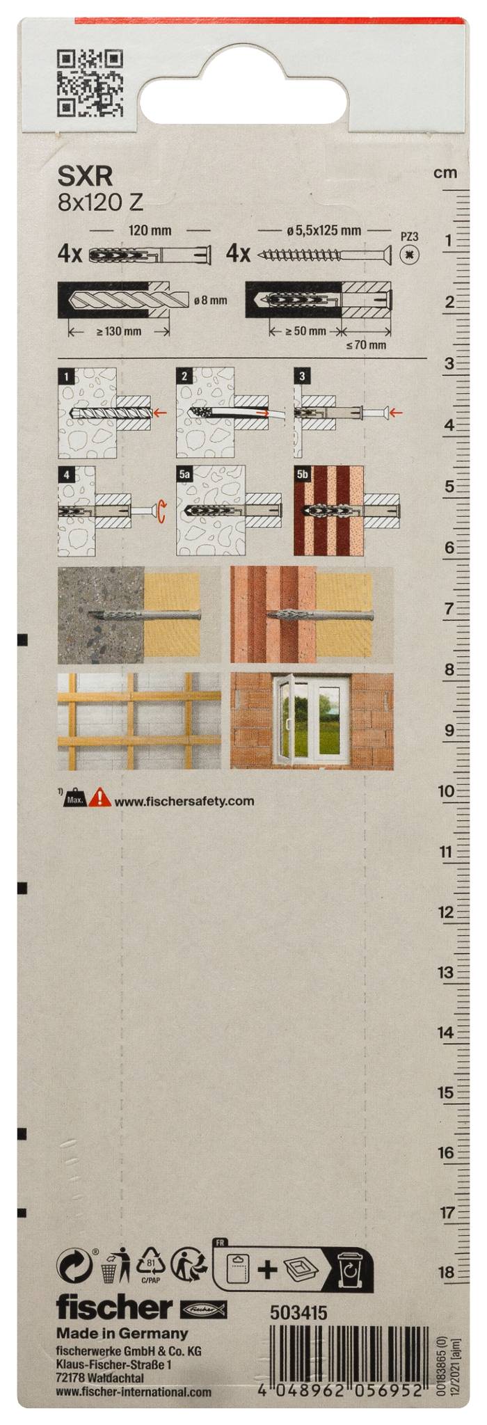 Opakowanie produktu kotwi ściennych Fischer 'SXR 8x120 Z', pokazujące kod QR, schematy instalacji, specyfikacje rozmiaru i skalę linijki wzdłuż prawej krawędzi.