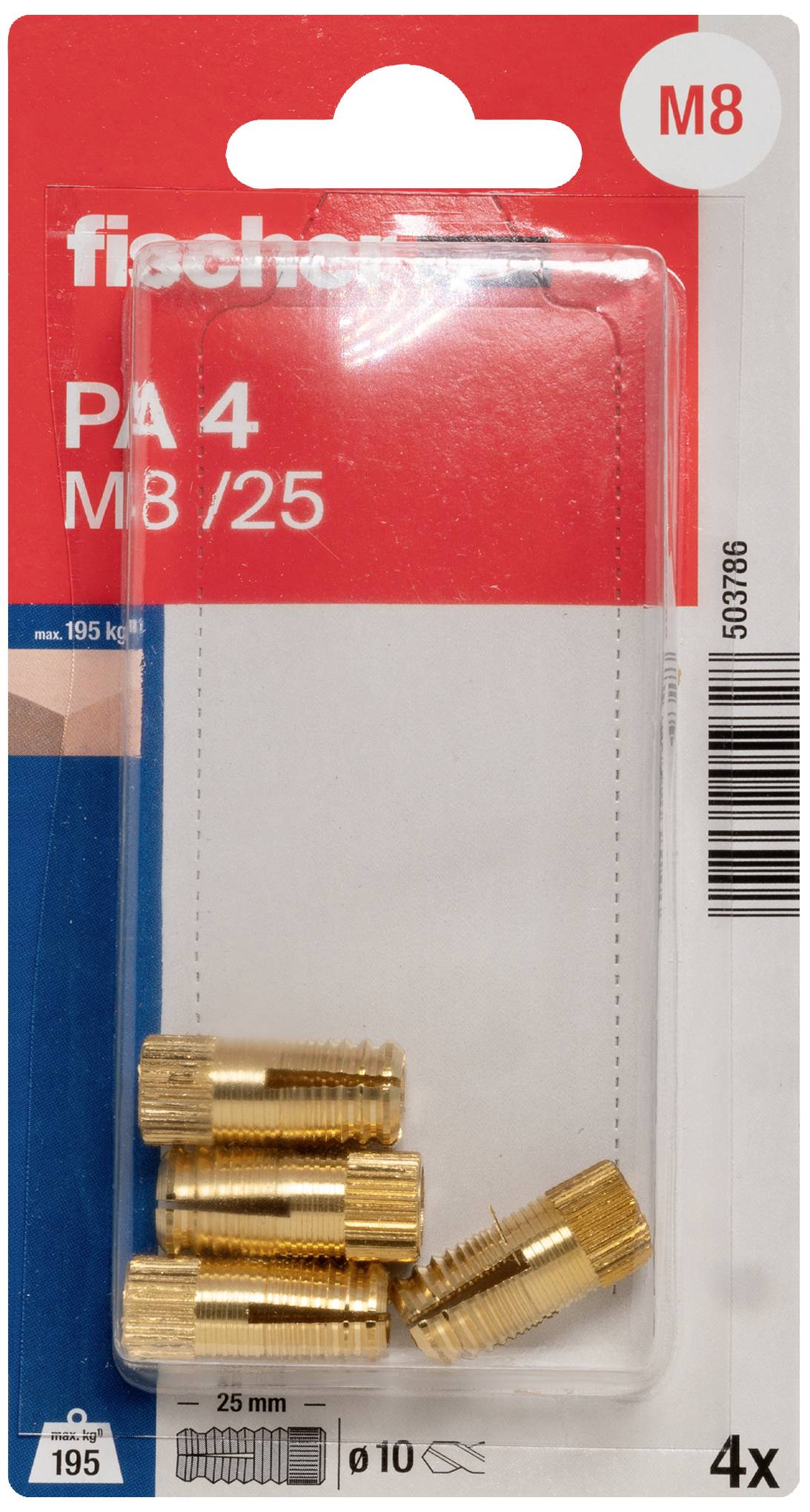 Opakowanie z czterema kołkami mosiężnymi 'PA 4 M8/25'. W prawym górnym rogu czerwona etykieta M8. Zawiera szczegóły produktu i kod kreskowy.