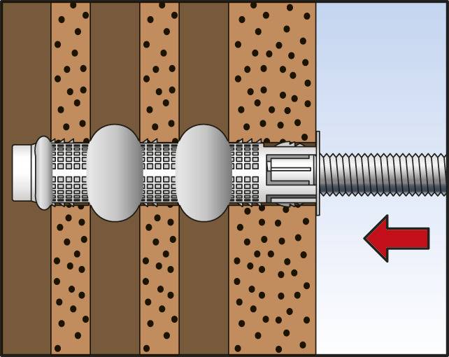 Diagram rozety kołka rozporowego w ścianie z rozprężającym się metalem, wkrętem i czerwoną strzałką wskazującą kierunek rozprężania.