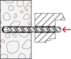 Wiertło przenika przez materiał z lewej strony na prawą. Czerwona strzałka wskazuje kierunek wiercenia. Tekstury materiałów różnią się między sobą.