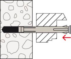 Rysunek techniczny przedstawia śrubę zamocowaną w ścianie za pomocą kołka. Strzałka wskazuje kierunek wkręcania.