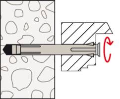 Grafika kołka rozporowego: Kołek jest wkładany w ścianę i mocowany przez przekręcenie. Przedstawia prawidłowe użycie.