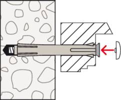Grafika przedstawia instalację kołka rozporowego w murowanej ścianie. Czerwona strzałka wskazuje na mocowanie wkrętu.