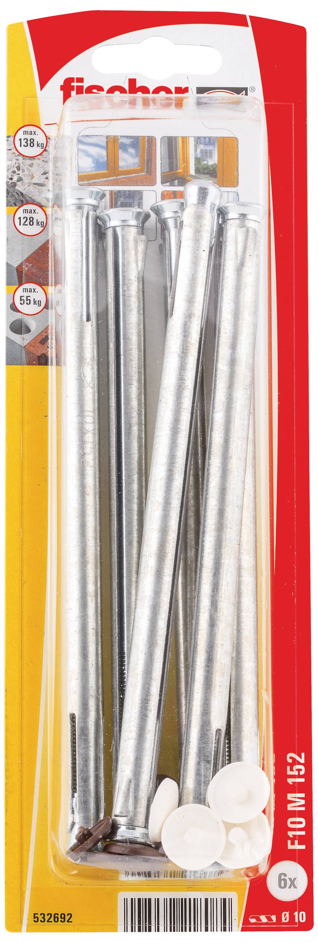 Opakowanie zawierające sześć uniwersalnych kołków Fischer oraz śrub, odpowiednich do różnych materiałów budowlanych. Na opakowaniu znajdują się nadrukowane przykłady zastosowań.