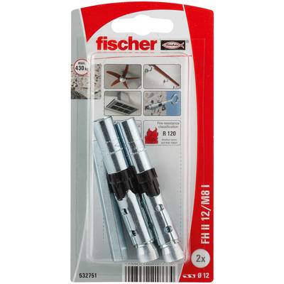 Fischer FHI 12/M8 zestaw montażowy z dwoma kotwami metalowymi, oznaczony maks. 430 kg, odporność ogniowa R120 i 2x Ø12.