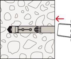 Otwór wiercony ze ślepym kołkiem w ścianie; strzałka wskazuje w prawo kierunek włożenia kołka.