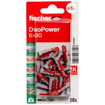 Opakowanie kołków do ścian Fischer DuoPower 6x30, 28 sztuk, pokazane w czerwono-szarym blistrze z oznaczeniem rozmiaru 6 mm i ikonami nośności.