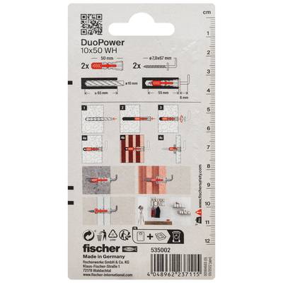 Opakowanie tulejów ściennych Fischer DuoPower 10x50 zawierające diagramy montażu, wymiary oraz 2 tulejki o średnicy 10 mm ze wskazaniem rozmiarów śrub.