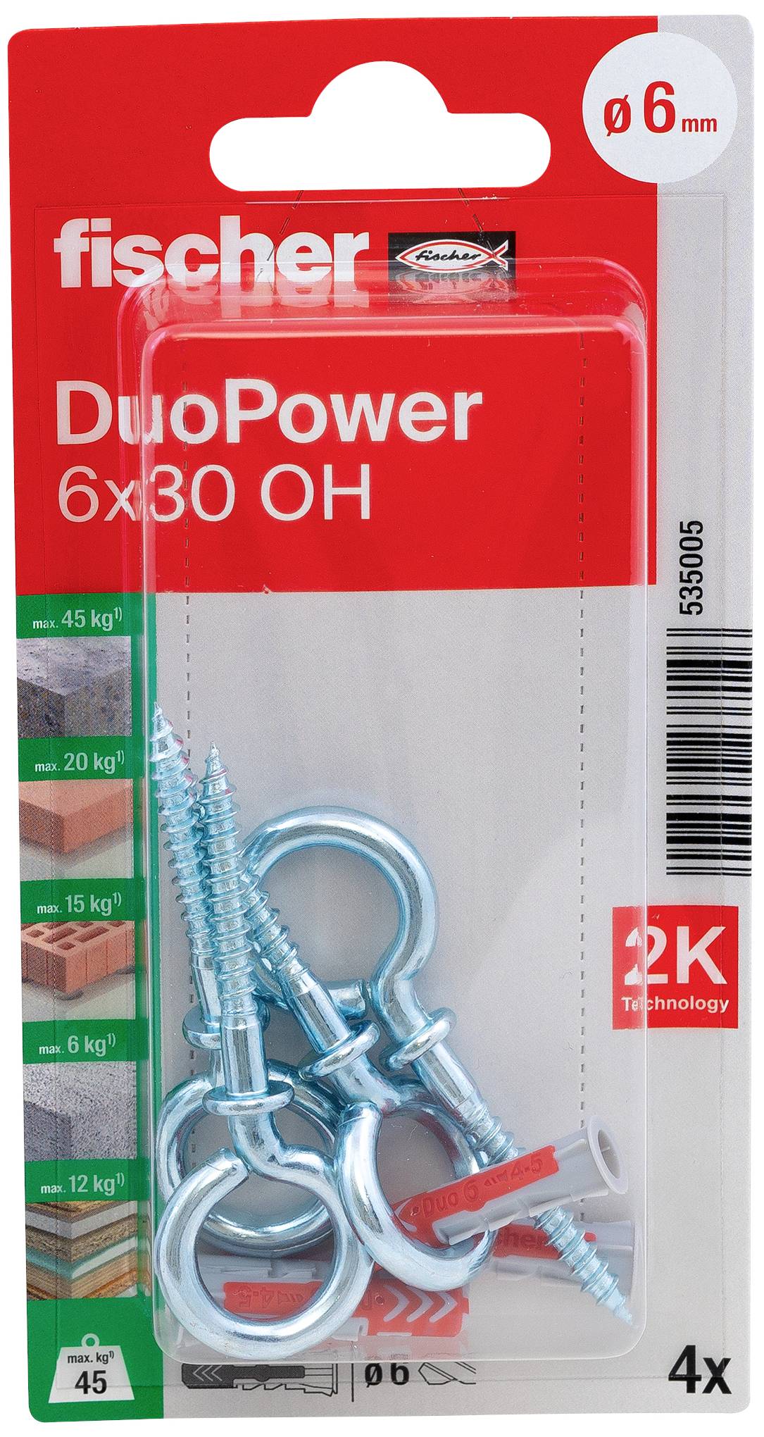 Opakowanie zawiera cztery kołki Fischer DuoPower 6x30 z wkrętami, przeznaczone do obciążeń do 45 kg na betonie i 15 kg na gipsie.