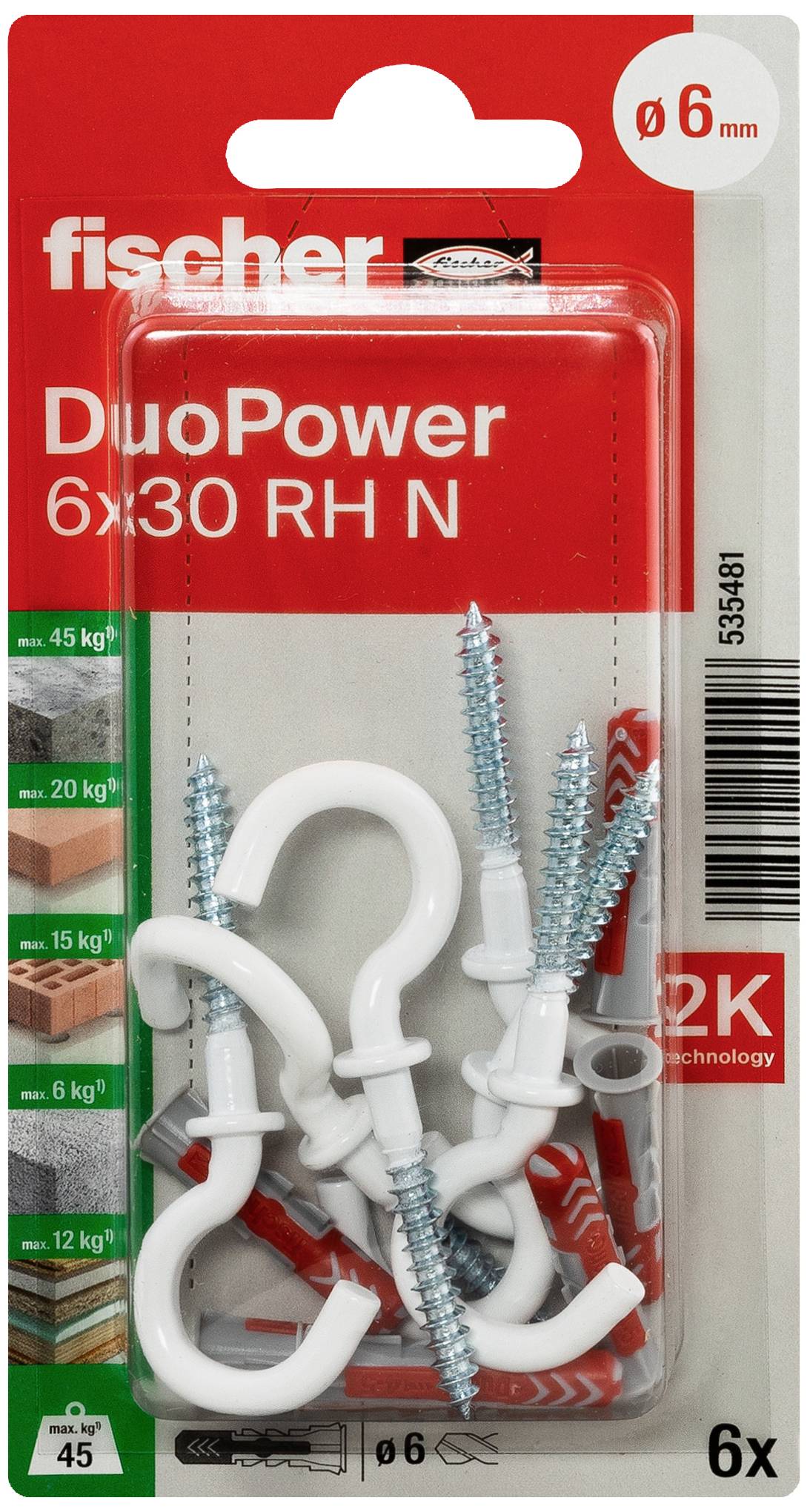 Opakowanie Fischer DuoPower 6x30 RH N kołki z hakami i śrubami, odpowiednie do obciążeń do 45 kg, Ø 6 mm, 6 sztuk.