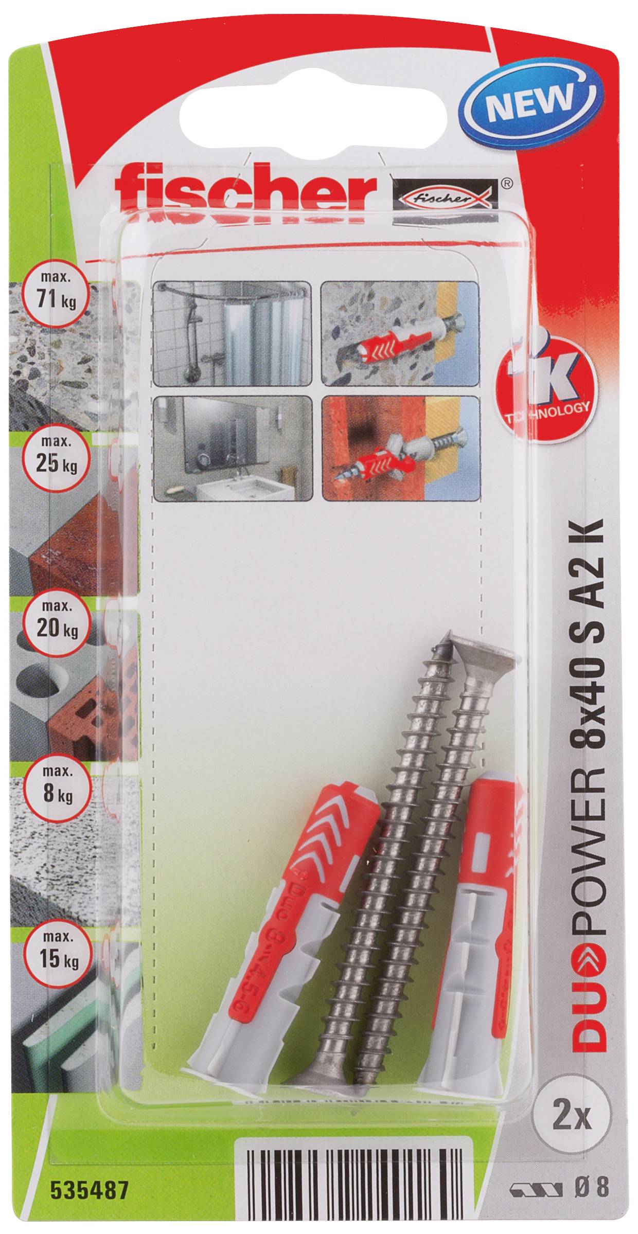 Opakowanie zestawu kołków z dwoma kołkami i śrubami, odpowiednich do różnych materiałów. Prezentuje przykłady zastosowań oraz obciążenia w kilogramach.