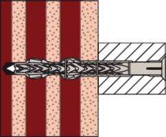 Przekrój poprzeczny ściany z elementem mocującym, pokazujący rozmieszczenie i połączenie w murze.
