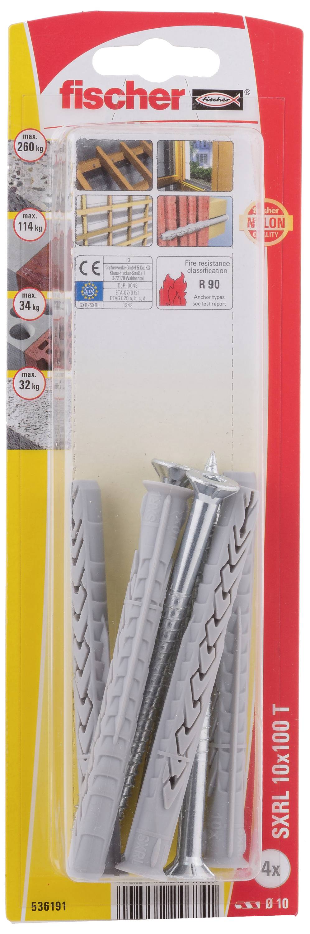 Opakowanie z szarymi kołkami i śrubami marki Fischer. Zawiera informacje dotyczące zastosowania i szczegółów technicznych.