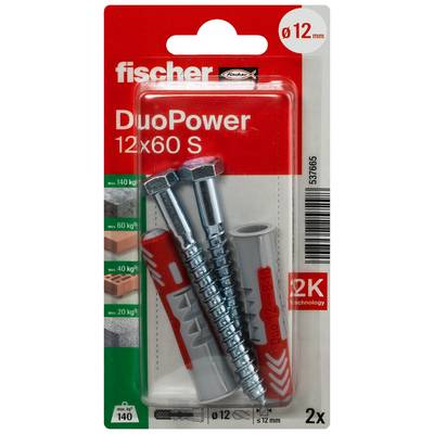 Opakowanie tulejów rozporowych Fischer DuoPower i śrub, 12x60 S, 2 sztuki, do otworów 12 mm, z nośnościami podanymi na etykiecie.