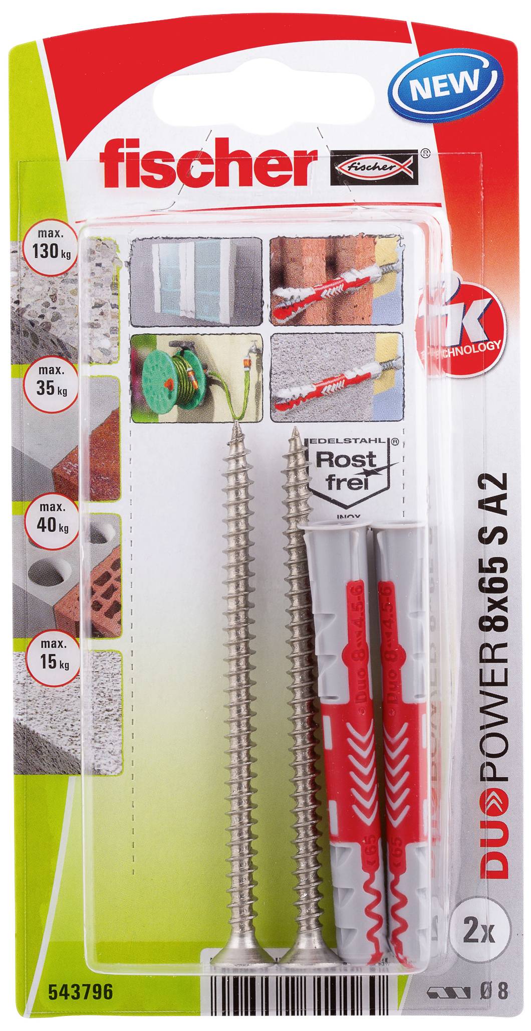 Fischer 543796 DuoPower 8 x 65 S A2 K NV Набір дюбелів 65 мм 8 мм 1 комплект