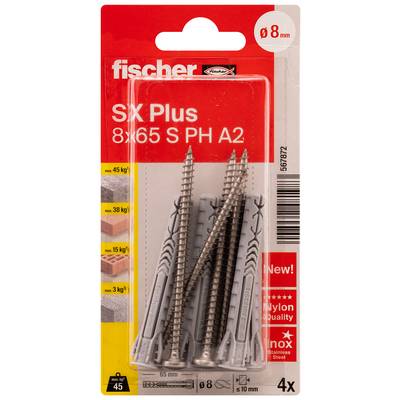 Opakowanie Fischer SX Plus kotwy ścienne i wkręty, oznaczone 8x65 S PH A2, 4 sztuki, z tabelą nośności i zdjęciem produktu.