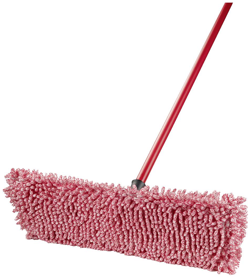 Czerwony mop z grubą, puszystą głowicą i długim kijem. Odpowiedni do czyszczenia dużych powierzchni podłogowych.