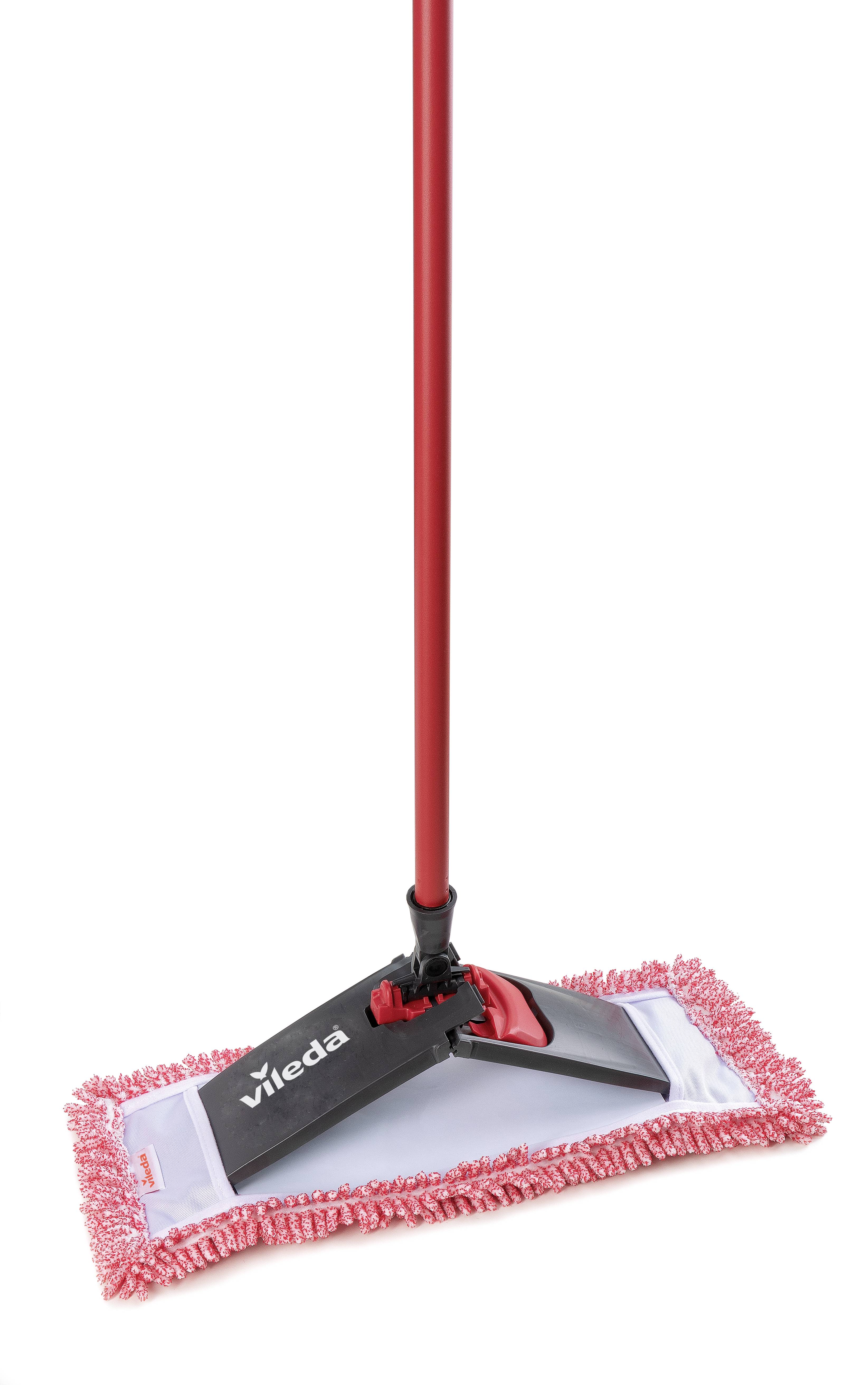 Czerwony mop Vileda z prostokątną głowicą i nakładką z tkaniny w kolorach czerwonym i białym, odpowiedni do czyszczenia podłóg.