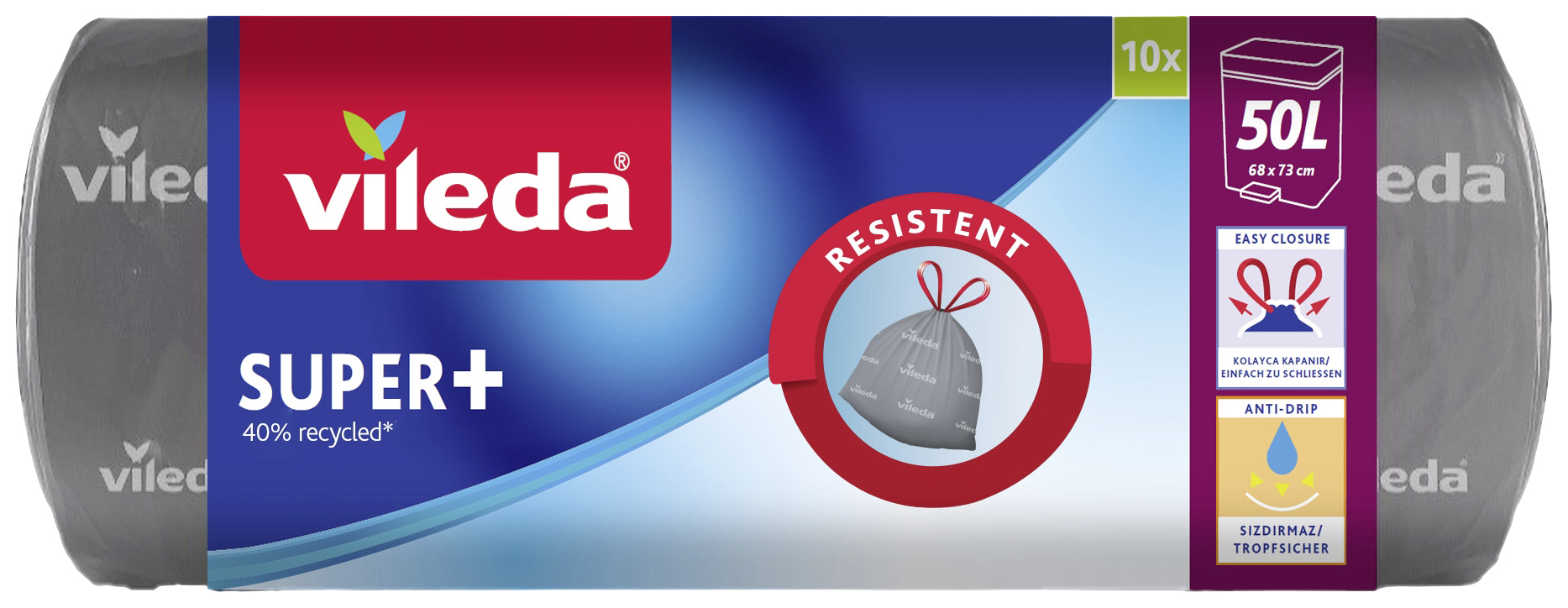 Worki na śmieci 'Vileda Super+', 50L, 40% z recyclingu, wytrzymałe. 10 worków w rolce. Łatwe zamykanie i ochrona przed rozrywaniem.