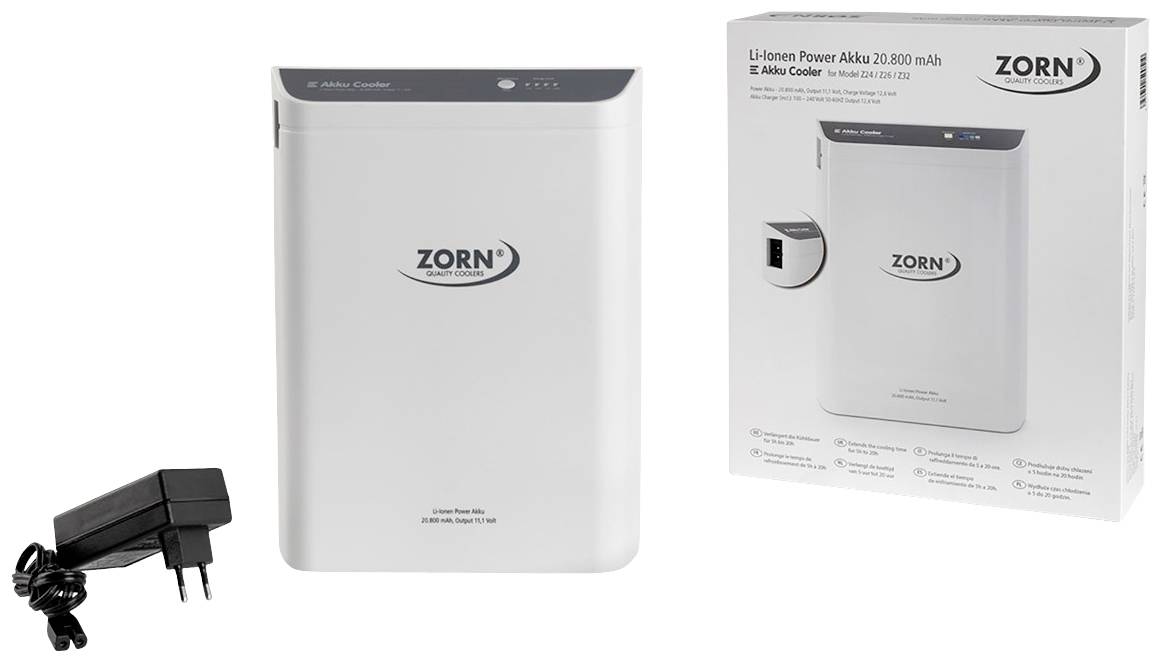 Powerbank 'Zorn' o pojemności 20.800 mAh, w kolorze białym. Zawiera ładowarkę i opakowanie. Idealna do ładowania urządzeń mobilnych.