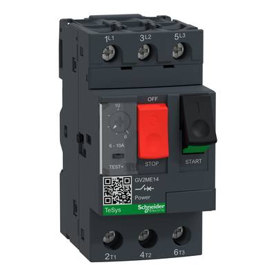 Wyłącznik silnikowy Schneider Electric z pokrętłem regulacji natężenia prądu (6-10A) oraz przyciskami sterowania (Stop/Start).