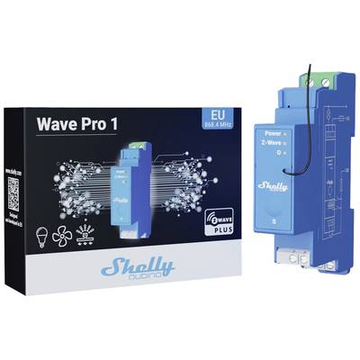 Urządzenie Shelly Quadro Wave Pro 1 i jego opakowanie. Urządzenie jest przeznaczone do sterowania systemami elektrycznymi w Europie na częstotliwości 868,4 MHz.