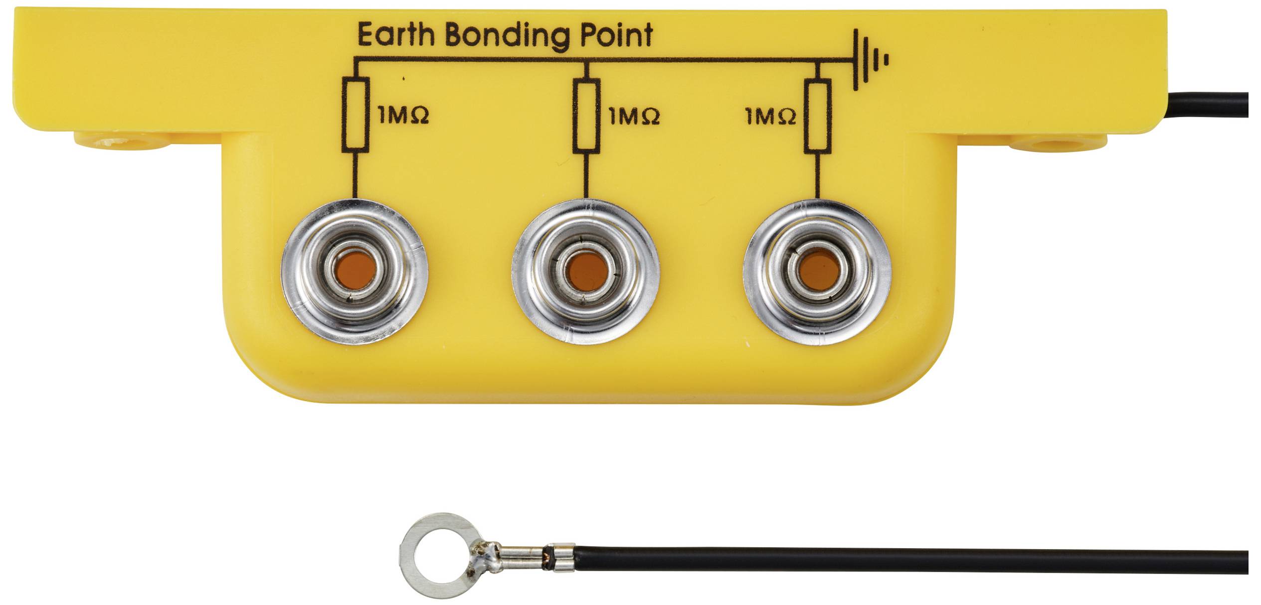 Żółty zestaw przewodów uziemiających z trzema gniazdami przyłączeniowymi, każde oznaczone '1MΩ', oraz przewodem z klemą pierścieniową do uziemienia.