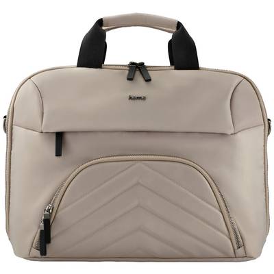 Beżowa torba na laptopa z czarnym uchwytem, kieszenią na zamek z przodu i pikowanym wzorem. Idealna do transportu laptopów.