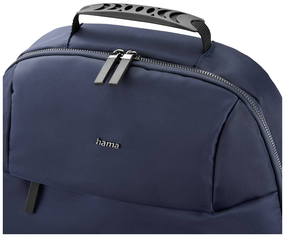 Granatowy plecak z czarnym uchwytem i metalowymi zamkami błyskawicznymi, z widocznym logo 'hama' na przedniej stronie.