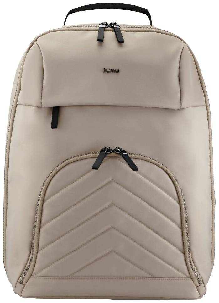 Beżowy plecak z czarnymi zamkami i pikowanym wzorem na przedniej kieszeni.