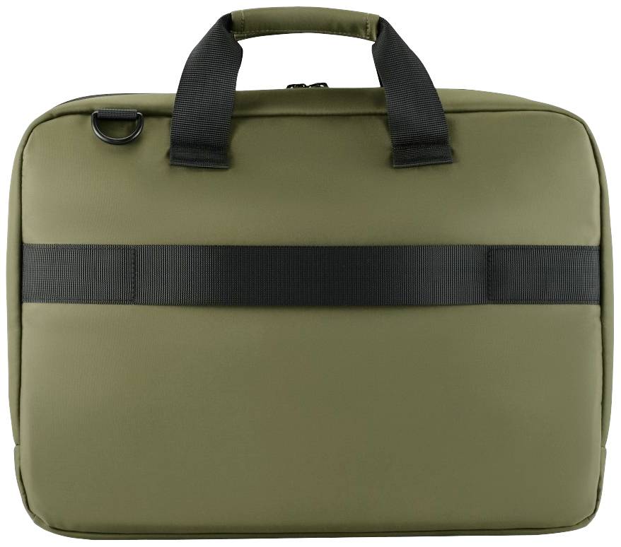Zielona torba na laptopa z czarnymi uchwytami i poziomym paskiem.