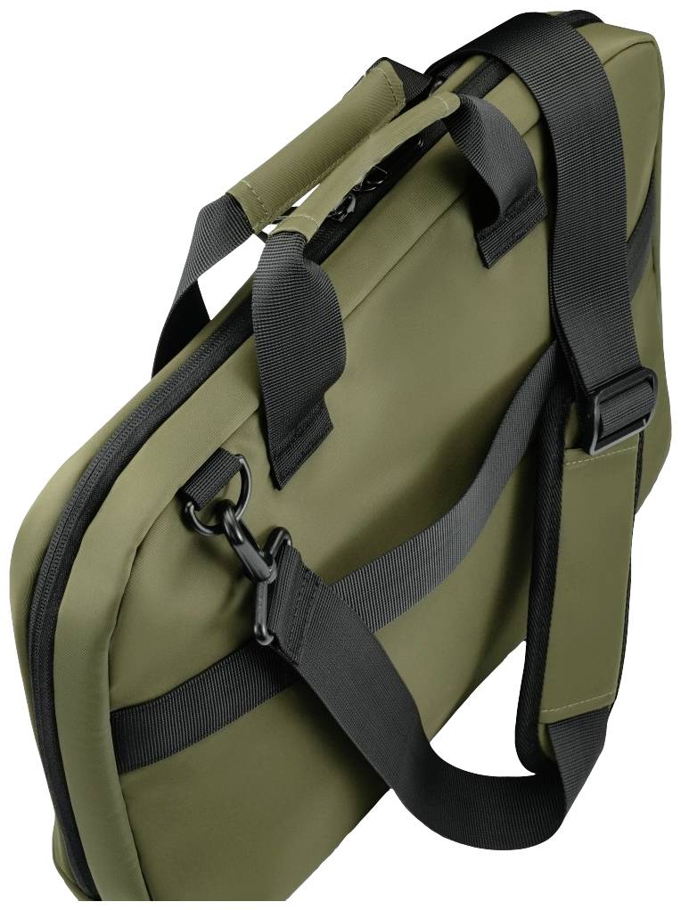Oliwkowozielona torba na laptopa z czarnymi paskami i uchwytami, pokazana z boku. Ma prosty, nowoczesny design.