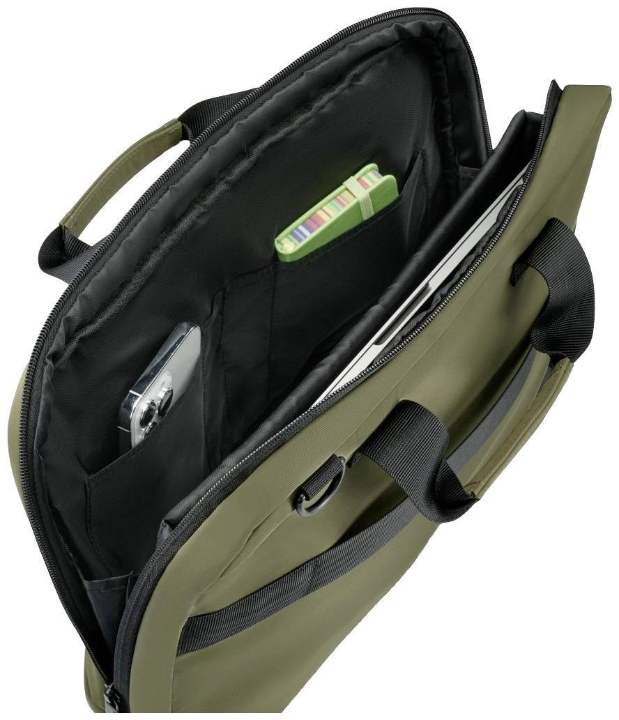Otwarta torba na laptopa w oliwkowym kolorze z przegródkami. Widać smartfon i kolorowe długopisy. Idealna do transportu elektroniki.