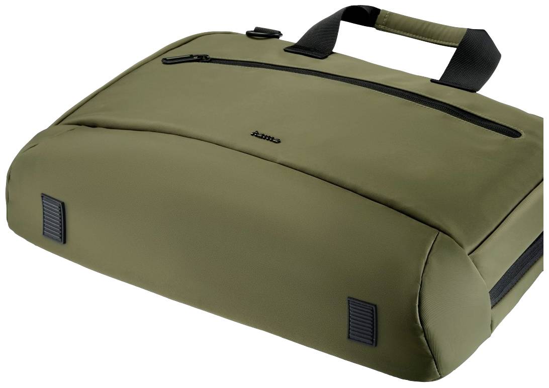 Oliwkowozielona torba materiałowa z czarnym zamkiem błyskawicznym i uchwytami, o nowoczesnym i minimalistycznym designie.