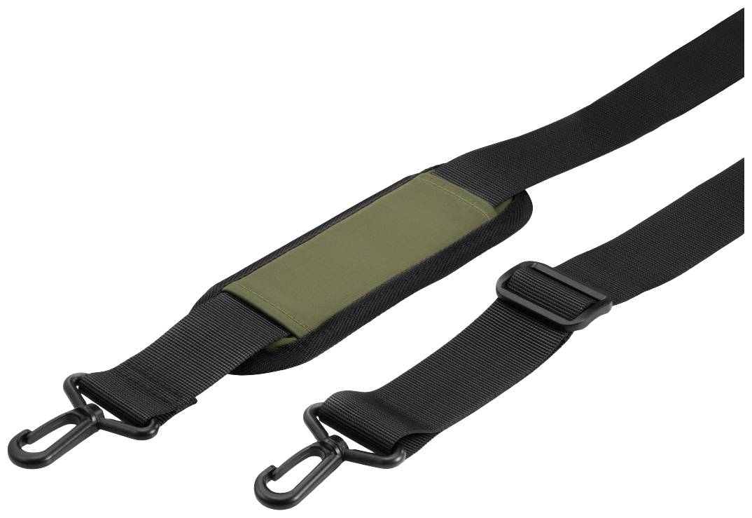 Czarny pasek na ramię wykonany z nylonu, o regulowanej długości, z zielonym naramiennikiem, wyposażony w dwa czarne haczyki na końcach.