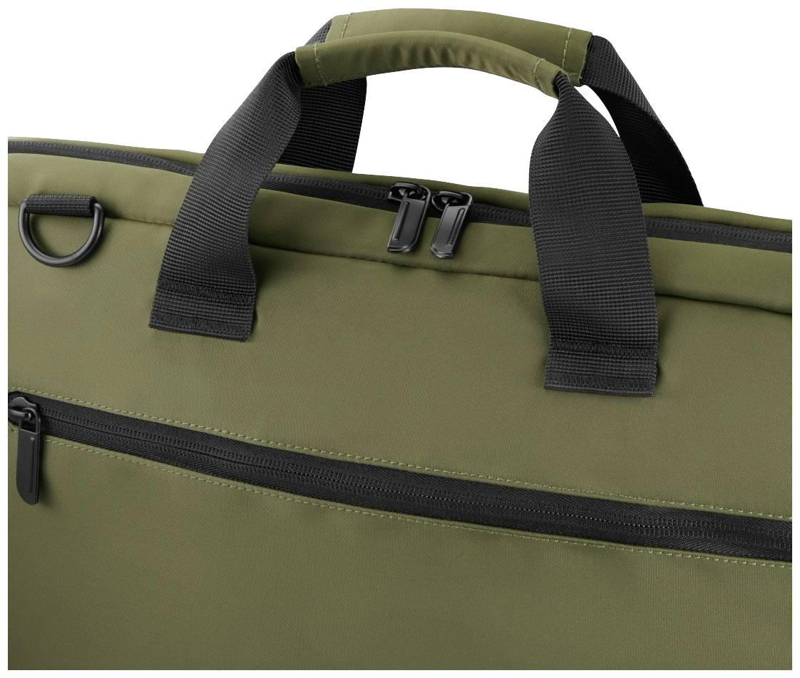 Oliwkowozielona, prostokątna torba z dwoma czarnymi uchwytami i zamkiem błyskawicznym z przodu; odpowiednia do przewożenia laptopów lub dokumentów.