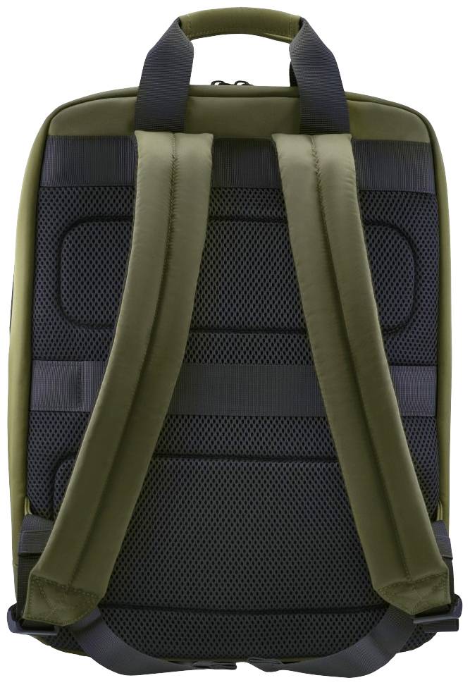 Widok z tyłu oliwkowozielonego plecaka z wyściełanymi, regulowanymi paskami oraz oddychającą tylną częścią.