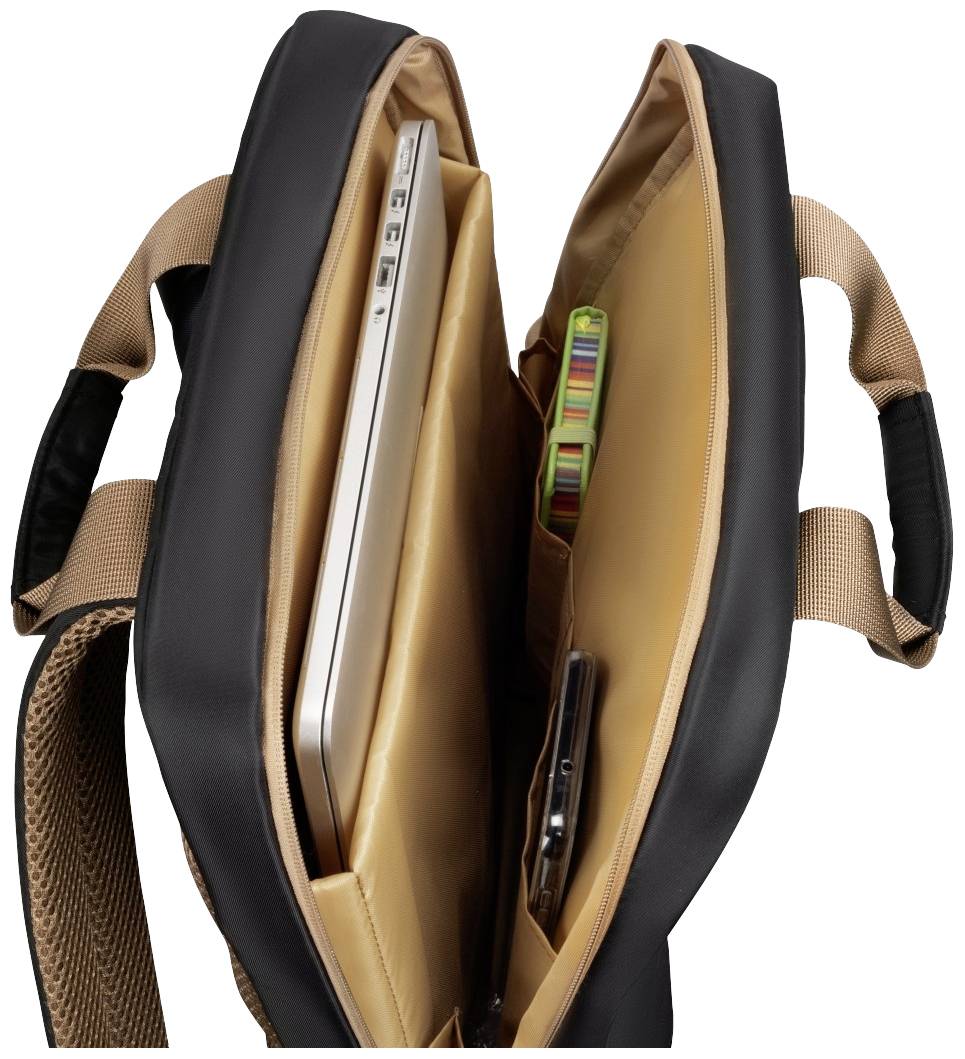 Otwarta torba z laptopem, stosem kolorowych długopisów i smartfonem w osobnych przegródkach.