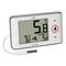 Cyfrowy termometr z wyświetlaczem LCD wskazuje 5,8°C. Minimalna temperatura 3,2°C, maksymalna temperatura 5,8°C. Czujnik podłączony.