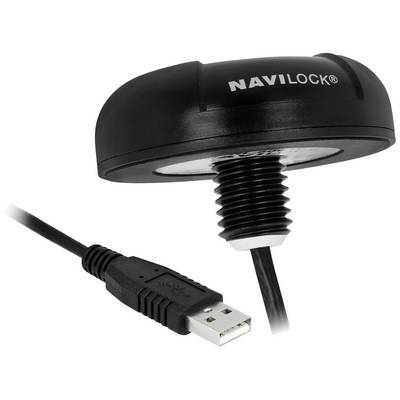 Czarny odbiornik GPS z portem USB firmy Navilock, odpowiedni do stosowania w systemach nawigacyjnych i do określania pozycji.