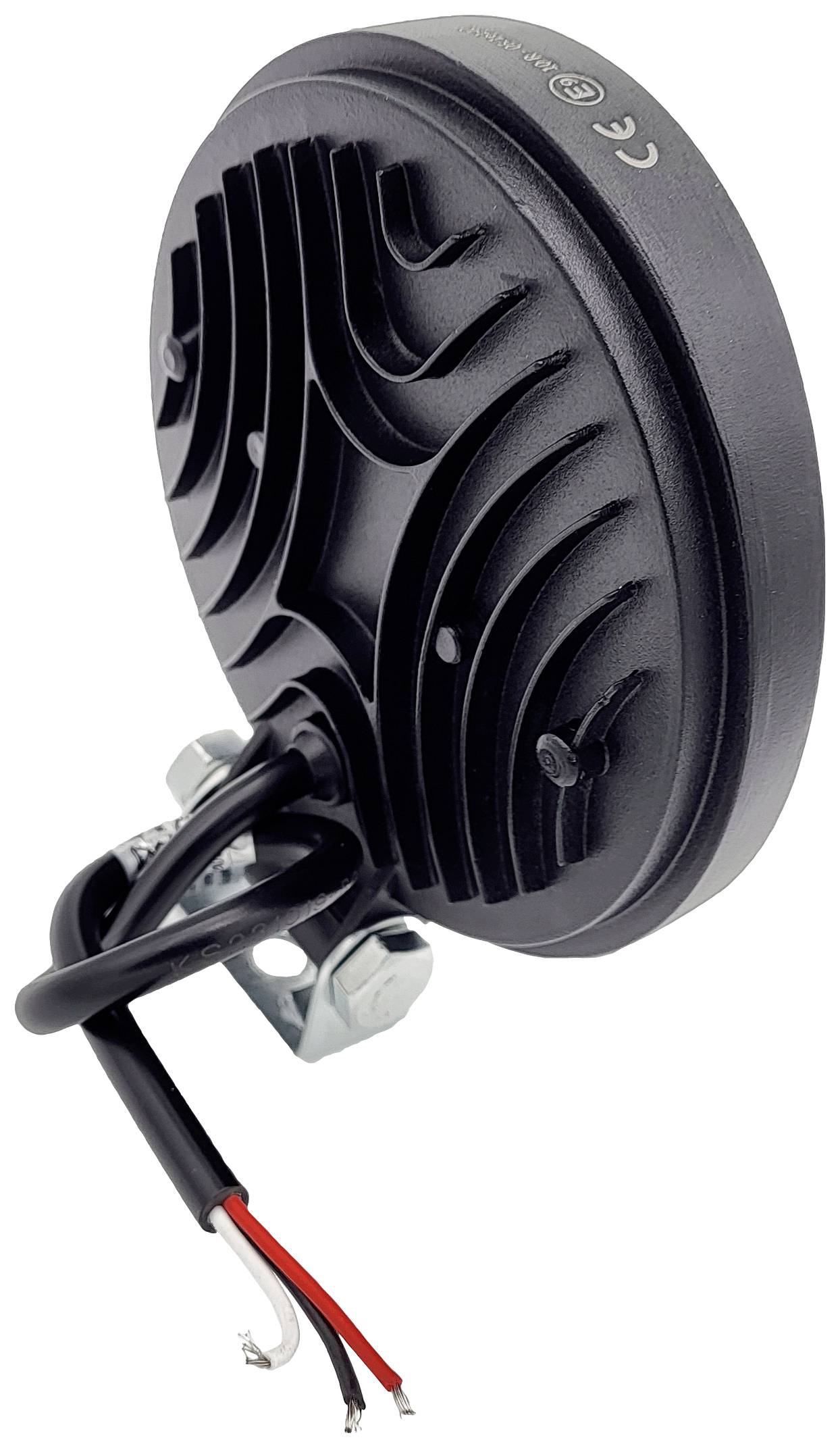 Okrągła lampa LED z żebrami chłodzącymi, czarną obudową i widocznymi przewodami elektrycznymi.